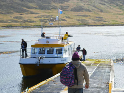 Touristen gehen auf einem Steg zu einem Boot, das an einem ruhigen Gewässer in den Falklandinseln liegt